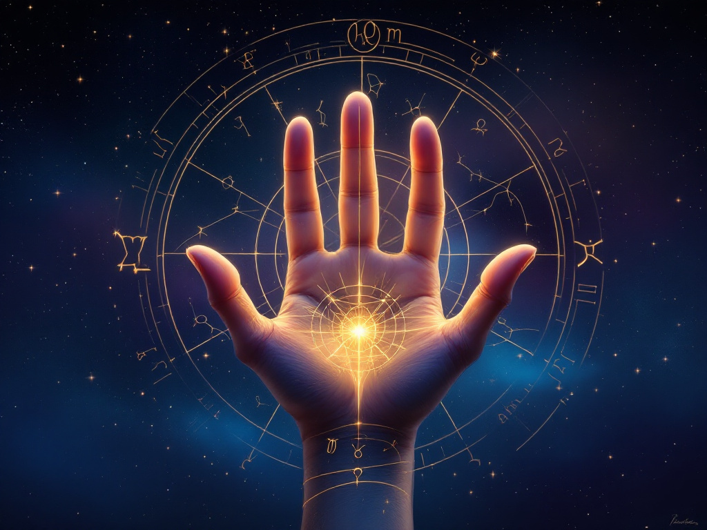 A palm with a golden zodiac wheel behind it